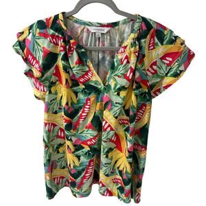 Calligraphie Anthro Linen Viscose Tropical Floral Ruffled Short Sleeve Top, L